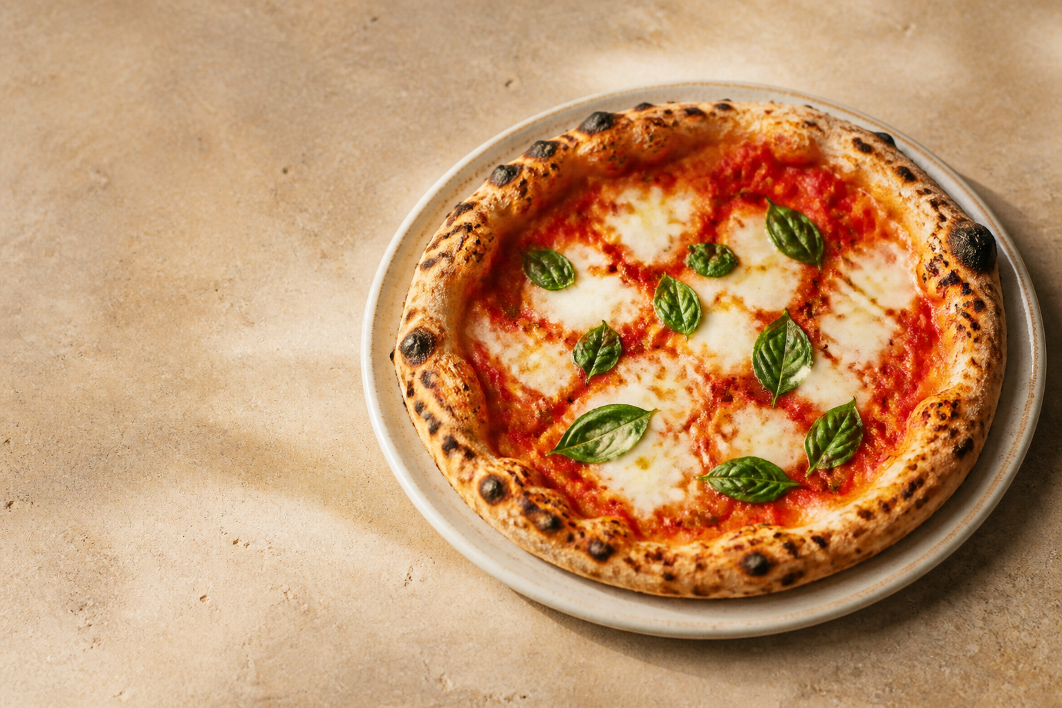 Wood-fired pizza with mozzarella, tomato and basil